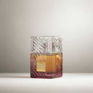 Khamrah Dukhan perfume featuring smoky spices, incense, tobacco, and warm amber notes