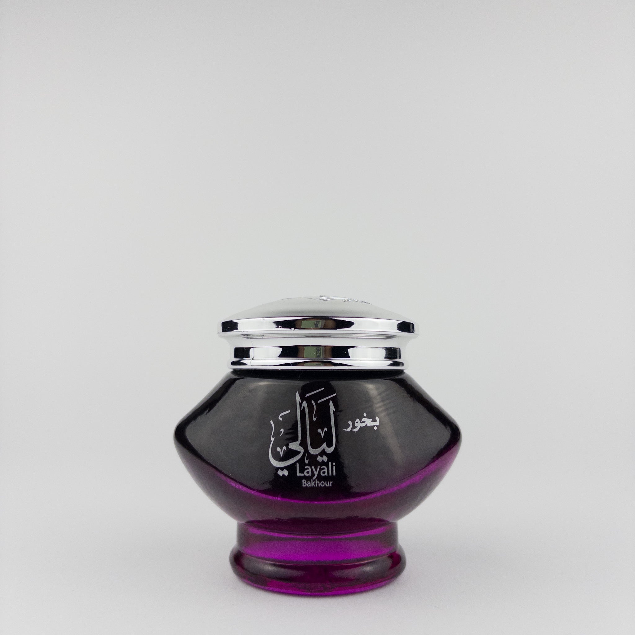 Bakhoor Layali luxury incense featuring saffron, sandalwood, and oriental oils in an elegant glass jar